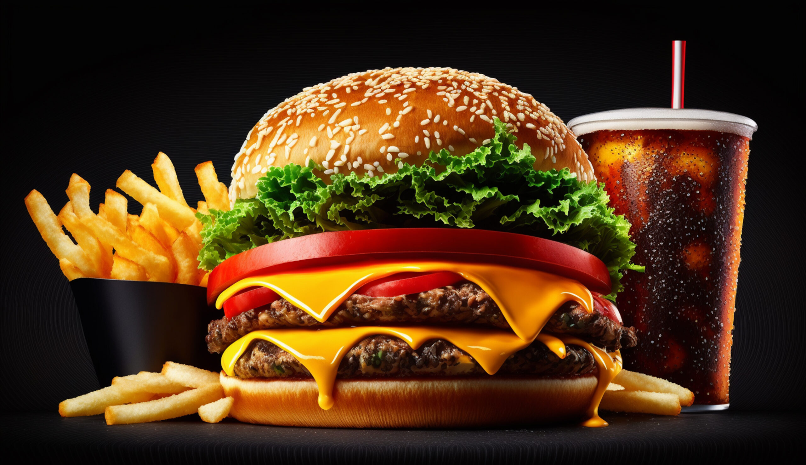 Grilled beef burger with fries, cheese and tomato ,generative artificial intelligence